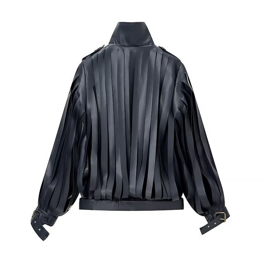 Damen Lederimitat‑Fransenblouson mit Stehkragen und Taillengürtel Nord Taschen