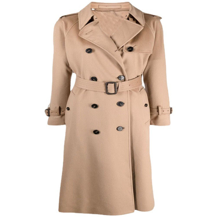 Damen Midilanger Wollmix-Trenchcoat im Tailoring mit Doppelreihe, Taillengürtel und Epauletten Nord Taschen