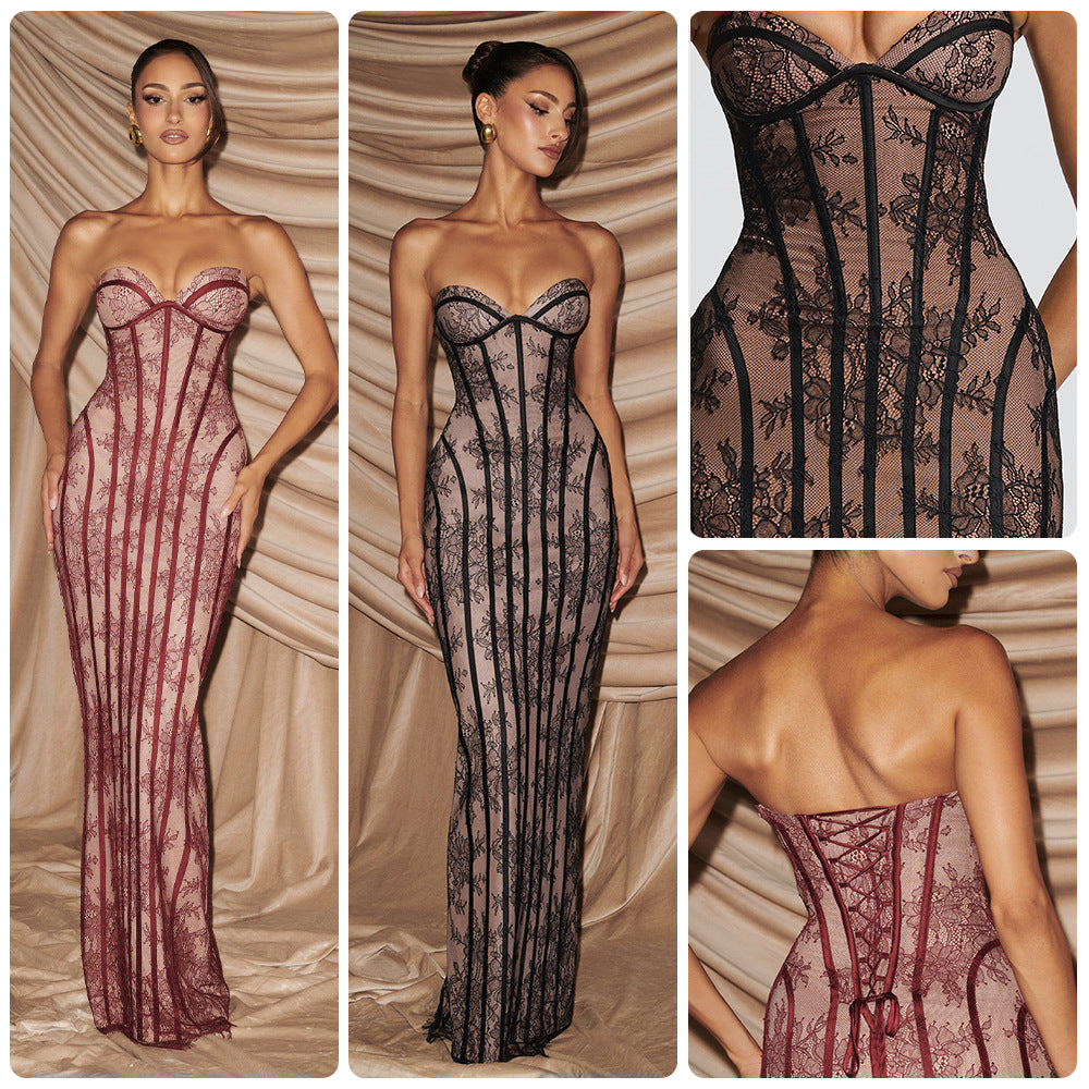 Damen figurbetontes Spitzenkleid mit Bustier-Oberteil und eleganten Details