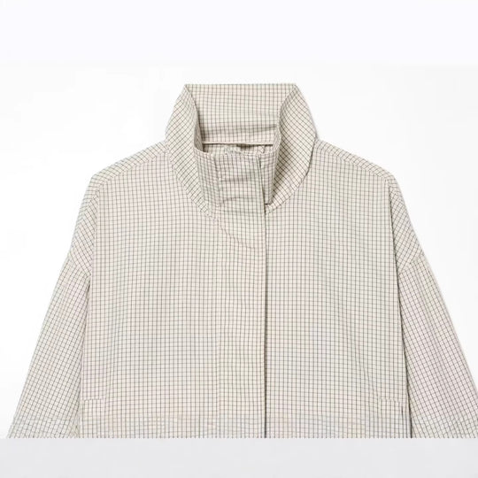 Damen Kurz geschnittene Stehkragen‑Jacke mit Kordelzugsaum und feinem Karomuster Nord Taschen