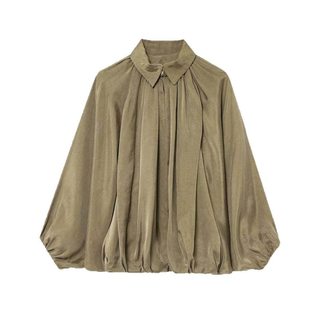 Damen Oversize-Hemdbluse mit Reißverschluss, Kräuselung und Ballonärmeln Nord Taschen