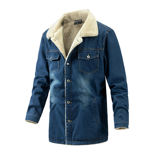 Herren Wattierte Denimjacke mit Sherpa-Futter und verlängertem Outdoor-Schnitt Nord Taschen