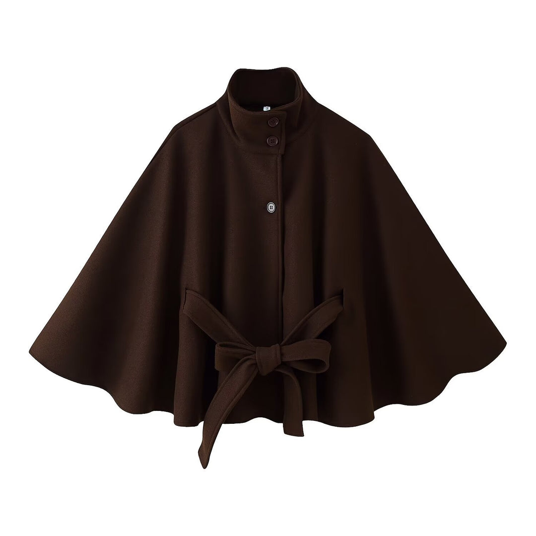 Damen 2900+ eleganter kurzer Cape‑Umhang mit Stehkragen, Knopfleiste und Taillenband Nord Taschen