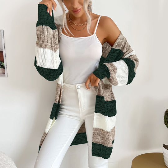 Damen Longline Strickcardigan mit breiten Blockstreifen, offener Front und überschnittener Schulter Nord Taschen