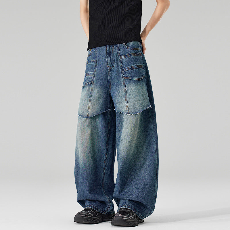 Damen Extraweite Denim-Palazzo-Hose mit aufgesetzten Vorderpanelen und Used-Waschung Nord Taschen