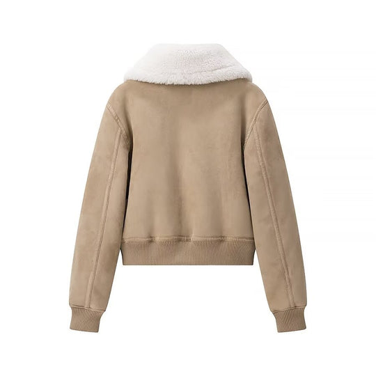Damen Kurz geschnittene Bomberjacke mit Fake-Shearling-Kragen und Veloursoptik Nord Taschen