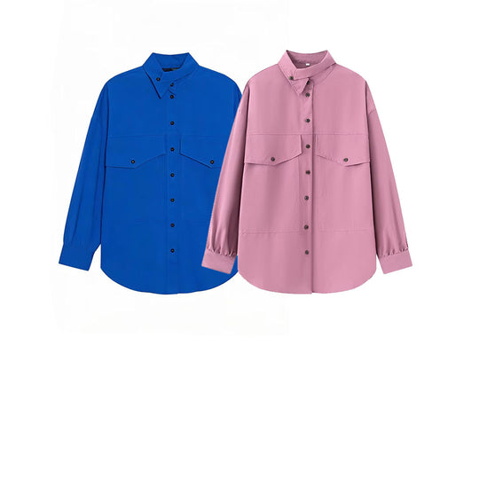 Damen Oversized Utility-Hemdbluse mit überschnittener Schulter, Pattentaschen und Stehkragen Nord Taschen