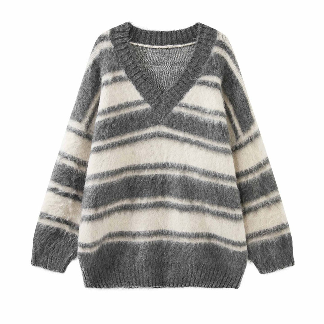 Damen Oversized V-Ausschnitt Mohair-Optik Streifenpullover Nord Taschen