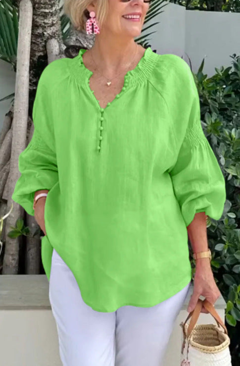 Damen lässige Kleidungsbluse mit Ballonärmeln und Knopfleiste