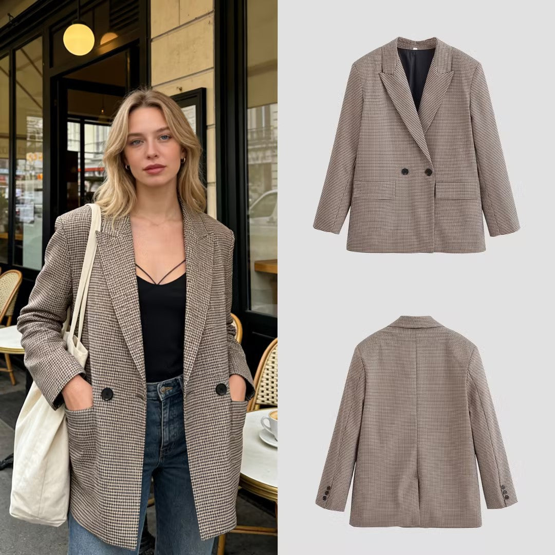 Damen Zweireihiger Oversize-Blazer mit Hahnentritt‑Muster und Pattentaschen Nord Taschen