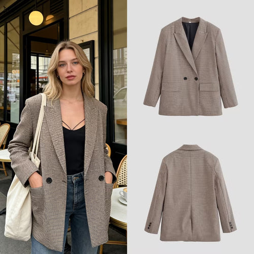 Damen Zweireihiger Oversize-Blazer mit Hahnentritt‑Muster und Pattentaschen Nord Taschen