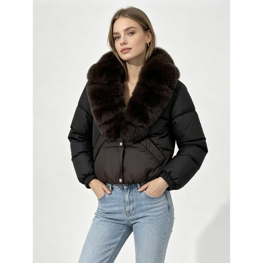 Damen nan kurze wattierte Cropped-Jacke mit extra voluminösem Kunstpelz-Schalkragen und elastischen Bündchen Nord Taschen