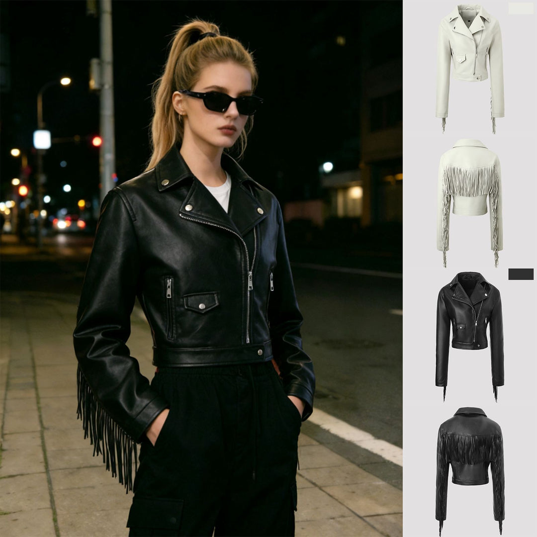 Damen Kurz geschnittene taillierte Bikerjacke aus Kunstleder mit Fransen an den Ärmeln und asymmetrischem Reißverschluss Nord Taschen