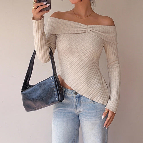 Damen Figurbetontes Off-Shoulder Rippstrick-Top mit Knotenfront und asymmetrischem Saum Nord Taschen