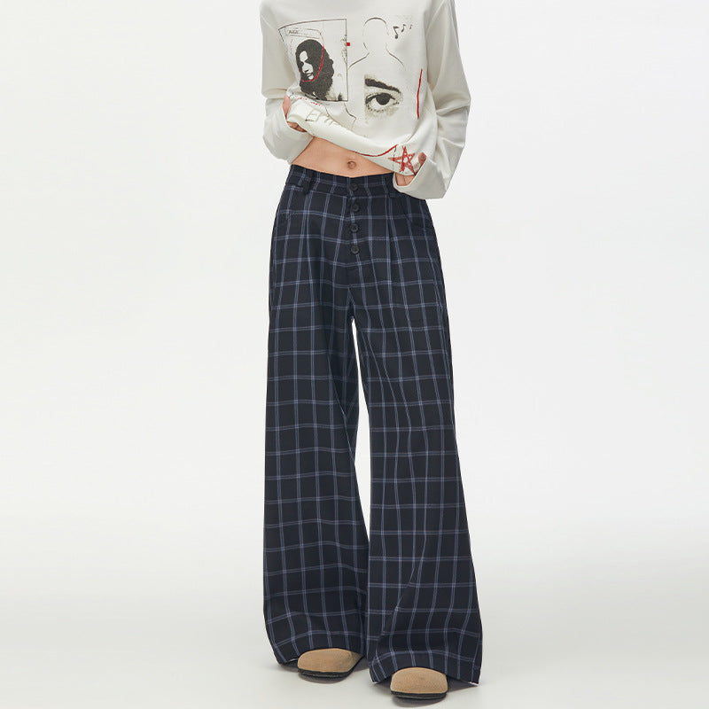 Damen Karierte Extraweite High-Waist Palazzo-Hose mit Knopfleiste Nord Taschen