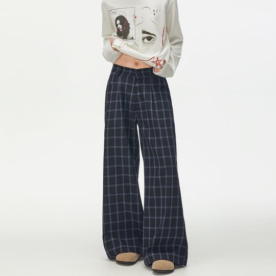 Damen Karierte Extraweite High-Waist Palazzo-Hose mit Knopfleiste Nord Taschen