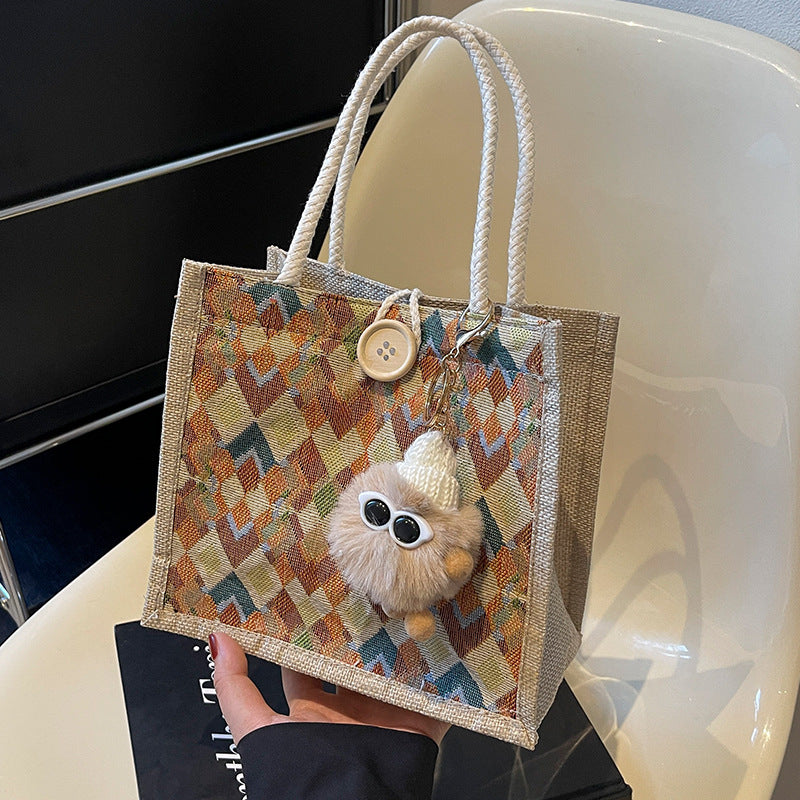 Damen modische Jute-Tragetasche mit buntem Grafikdesign Nord Taschen