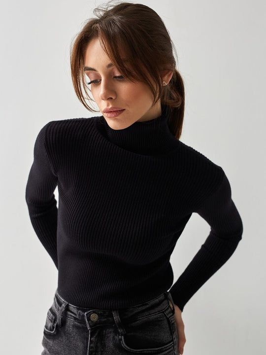 Damen Figurbetonter Rippstrick-Rollkragenpullover Nord Taschen