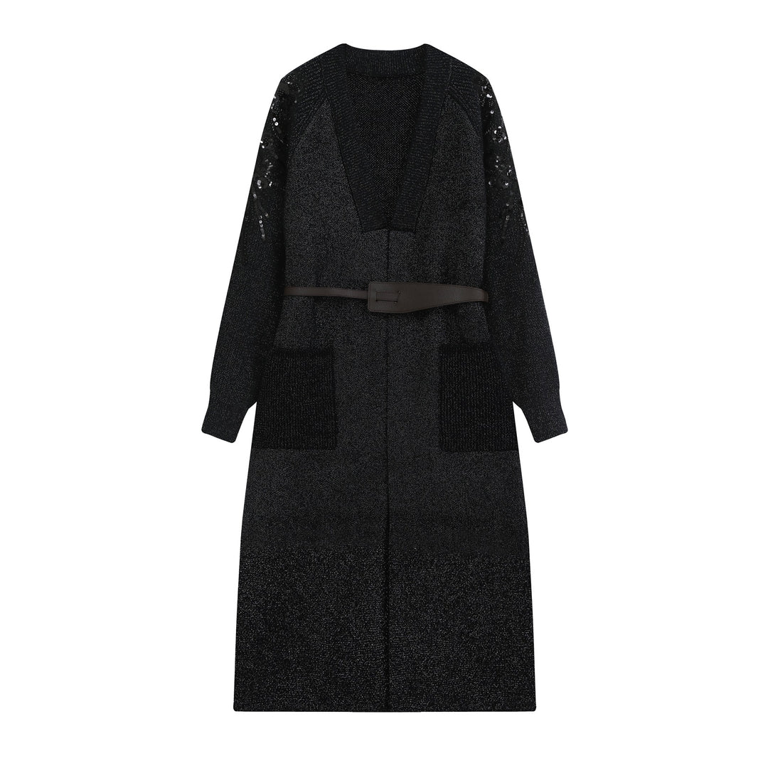 Damen Lange Strickjacke mit Gürtel, tiefem V‑Ausschnitt und bestickten Paillettenärmeln Nord Taschen