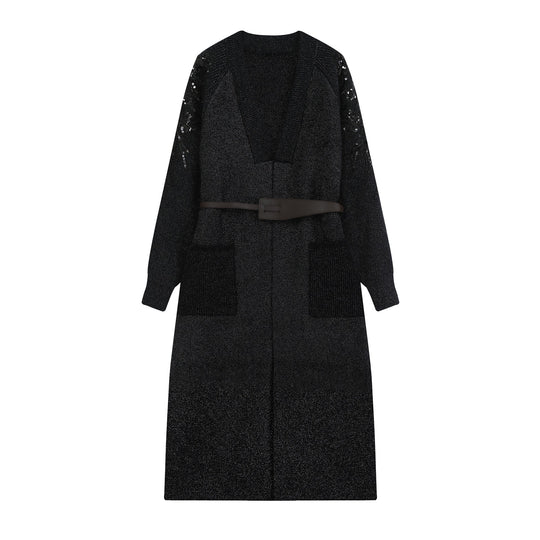 Damen Lange Strickjacke mit Gürtel, tiefem V‑Ausschnitt und bestickten Paillettenärmeln Nord Taschen