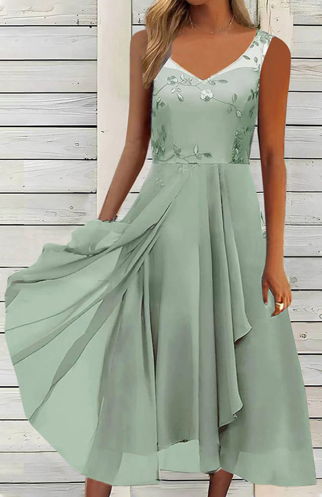Damen nan A-Linien-Chiffonkleid mit floralem Stickoberteil, V-Ausschnitt, drapiertem Godet-Schwung und verdeckten Seitentaschen