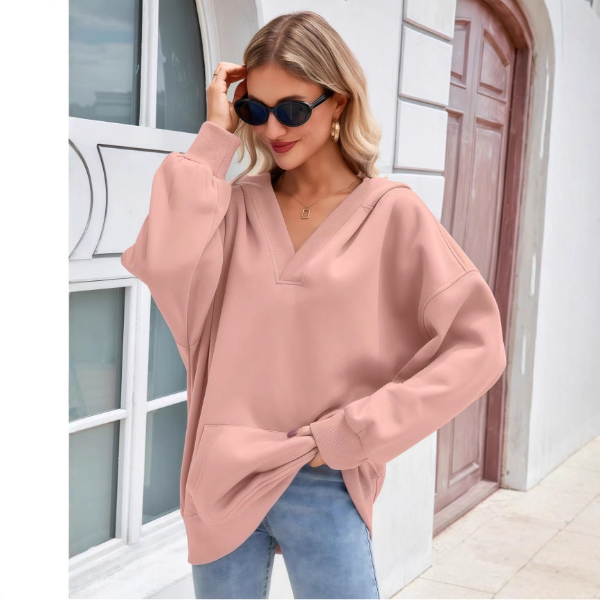 Damen Oversize V-Ausschnitt Hoodie mit Kapuze, Kängurutasche und verlängertem Saum Nord Taschen