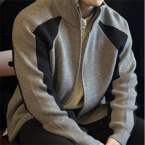 Herren Strick-Zipjacke mit Kontrastpanele, Stehkragen und markanter Rippenstruktur Nord Taschen