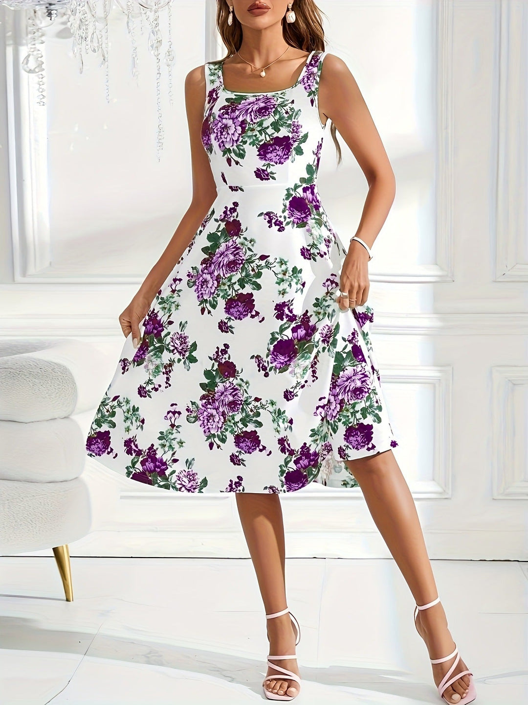Damen Fließendes Blumenkleid mit weitem Rock und eleganter Taillierung