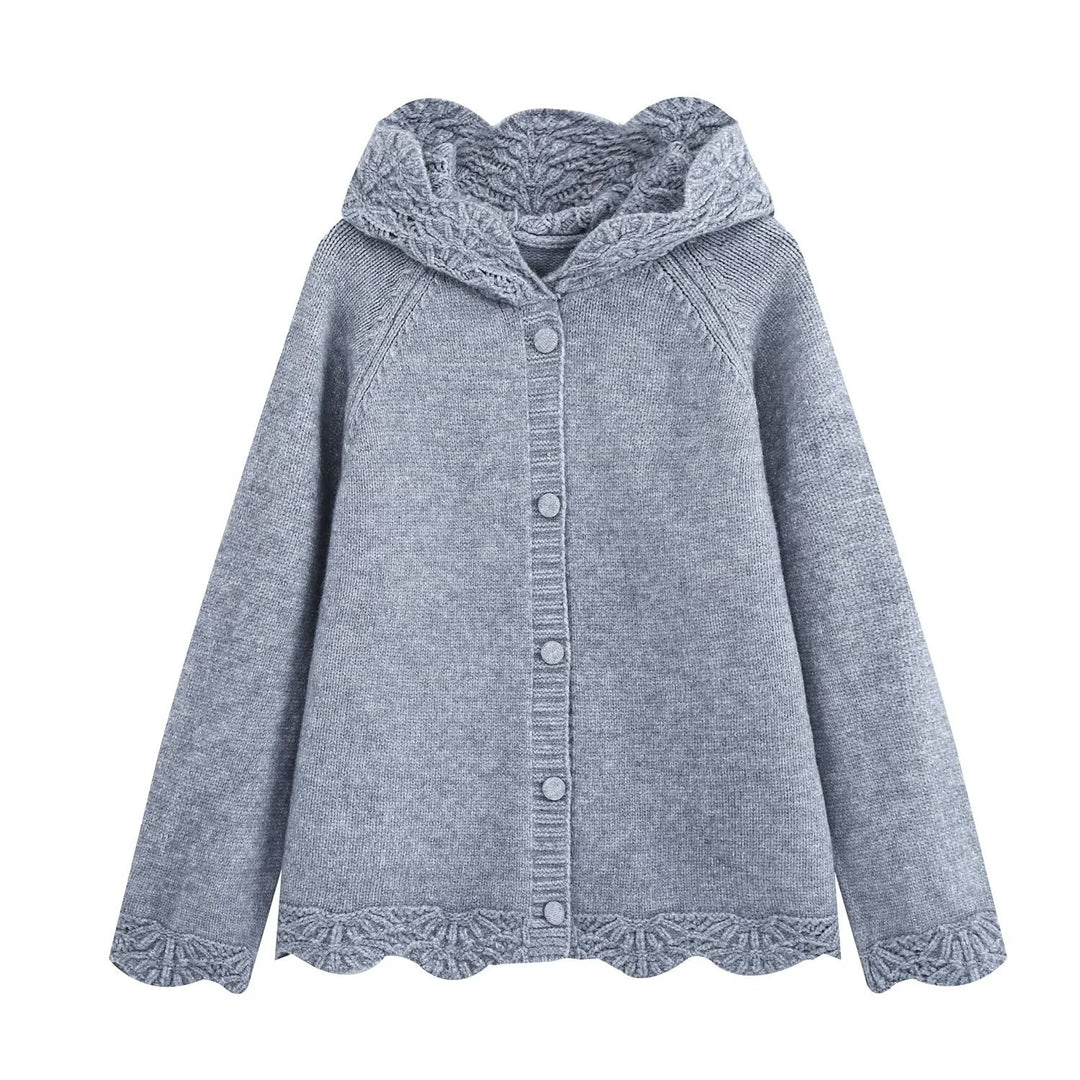 Damen Feinstrick-Cardigan mit Kapuze, Knopfleiste und gehäkelter Borte Nord Taschen