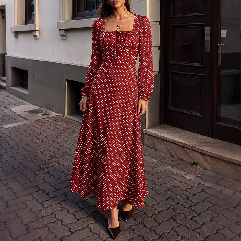 Damen Retro-Maxikleid mit quadratischem Ausschnitt, geraffter Brustpartie und langen Ärmeln Nord Taschen