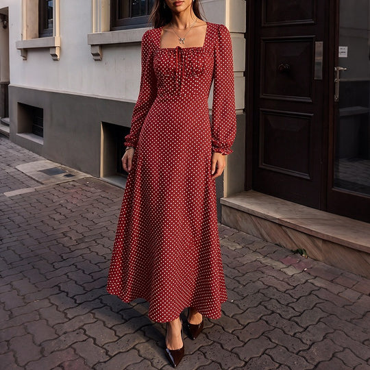 Damen Retro-Maxikleid mit quadratischem Ausschnitt, geraffter Brustpartie und langen Ärmeln Nord Taschen
