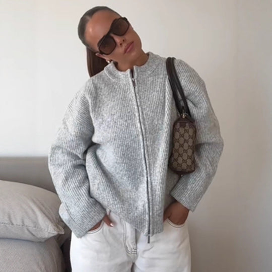 Damen Grobstrick‑Zipper‑Cardigan mit Oversize‑Schnitt Nord Taschen