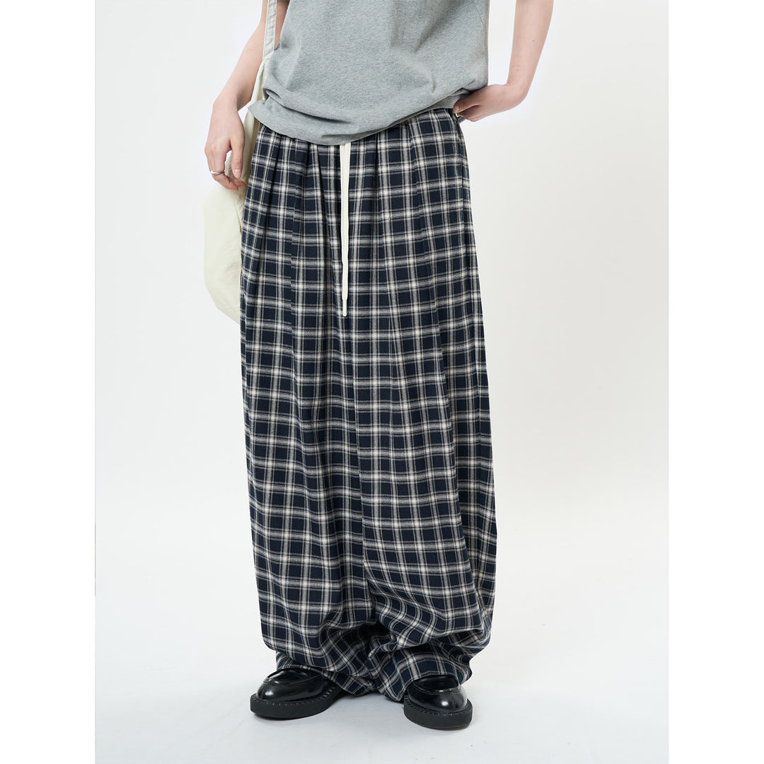 Damen Weite Karierte High-Waist Baggy-Hose mit Tunnelzug Nord Taschen