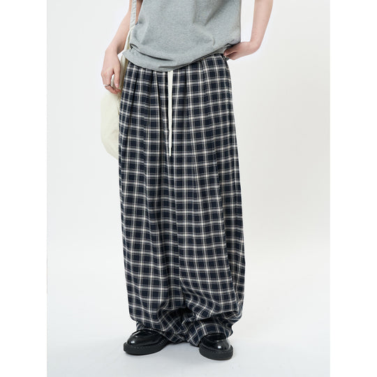 Damen Weite Karierte High-Waist Baggy-Hose mit Tunnelzug Nord Taschen