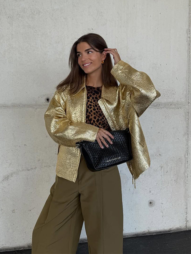 Damen Kurze strukturierte Metallic-Bomberjacke mit Boxy‑Silhouette Nord Taschen