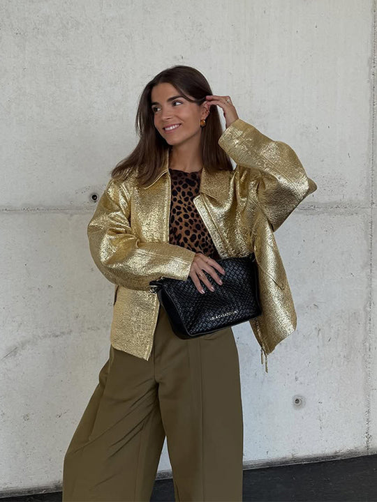 Damen Kurze strukturierte Metallic-Bomberjacke mit Boxy‑Silhouette Nord Taschen