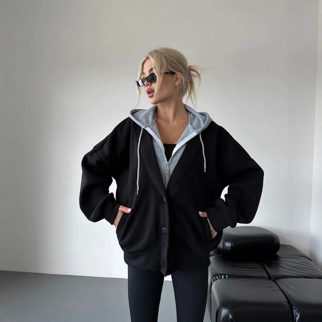 Damen Oversized Kapuzenjacke mit Druckknopfverschluss und Eingrifftaschen Nord Taschen