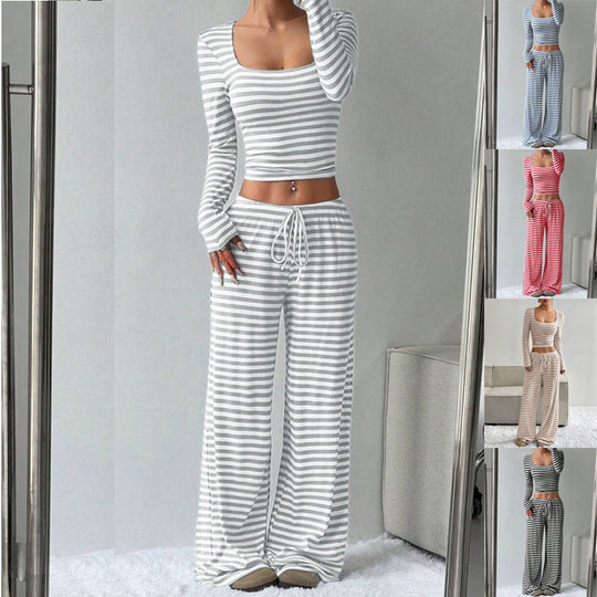 Damen Gestreifter Lounge-Zweiteiler mit weitem Bein und Cropped Langarmtop Nord Taschen