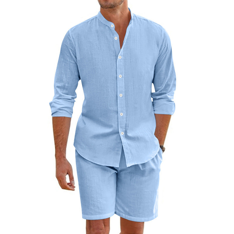 Herren lässiges Outfit-Set mit modernem Henley-Hemd und Shorts