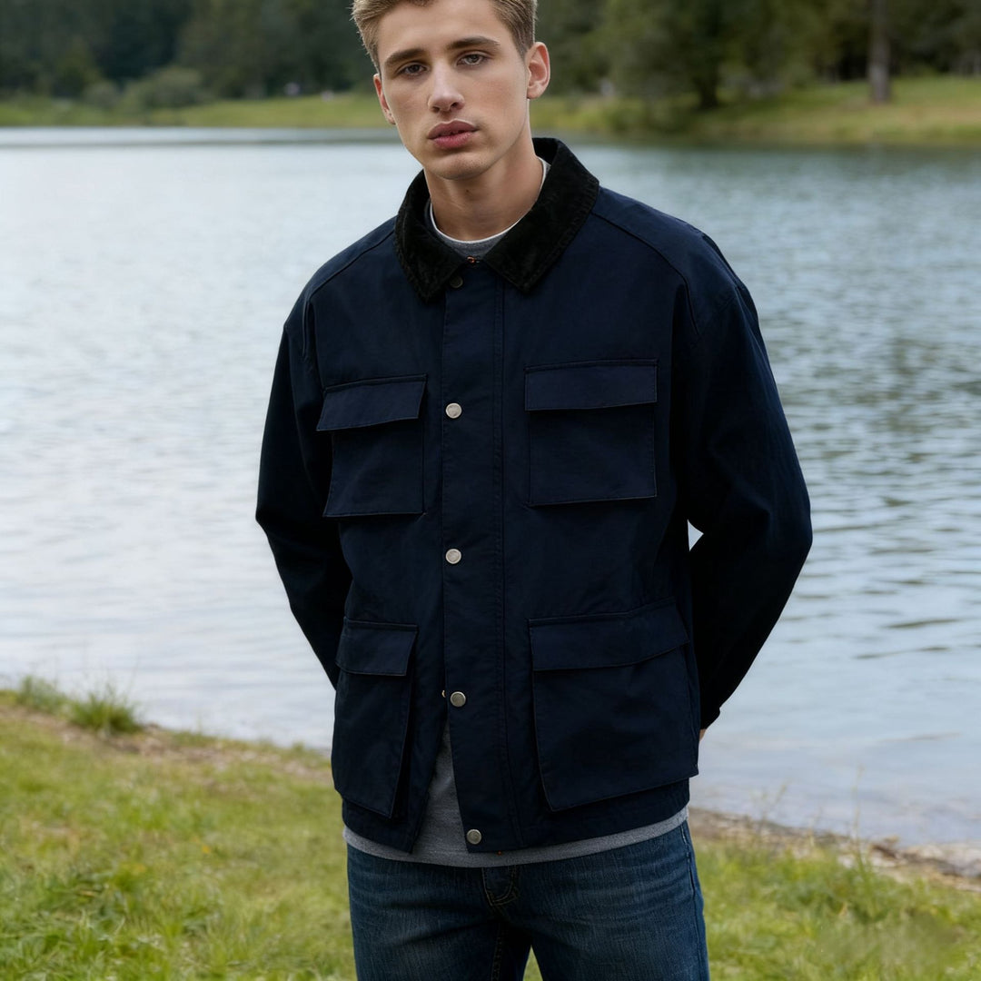 Herren Wachsjacke im Field-Stil mit Cordkragen und Mehrfachtaschen Nord Taschen