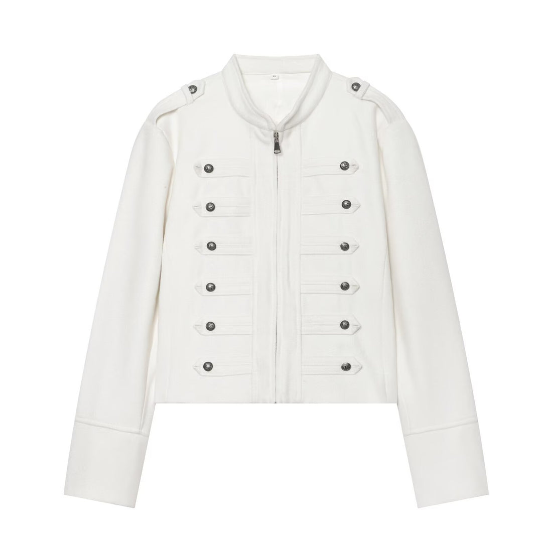 Damen Kurzjacke Military-inspirierte Wollmix‑Cropped Jacke mit Stehkragen, Epauletten und Zierknopfleiste Nord Taschen