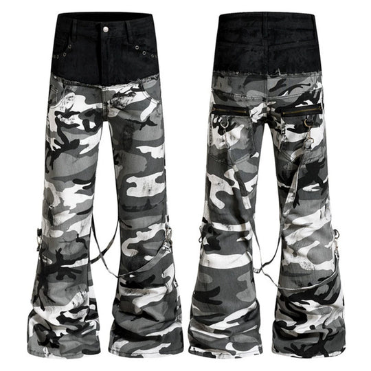 Damen Weite High‑Waist Cargohose im Camouflage‑Look mit Bondage‑Riemen Nord Taschen
