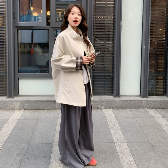 Damen Oversized Kurzmantel mit Stehkragen und kariertem Ärmelfutter Nord Taschen