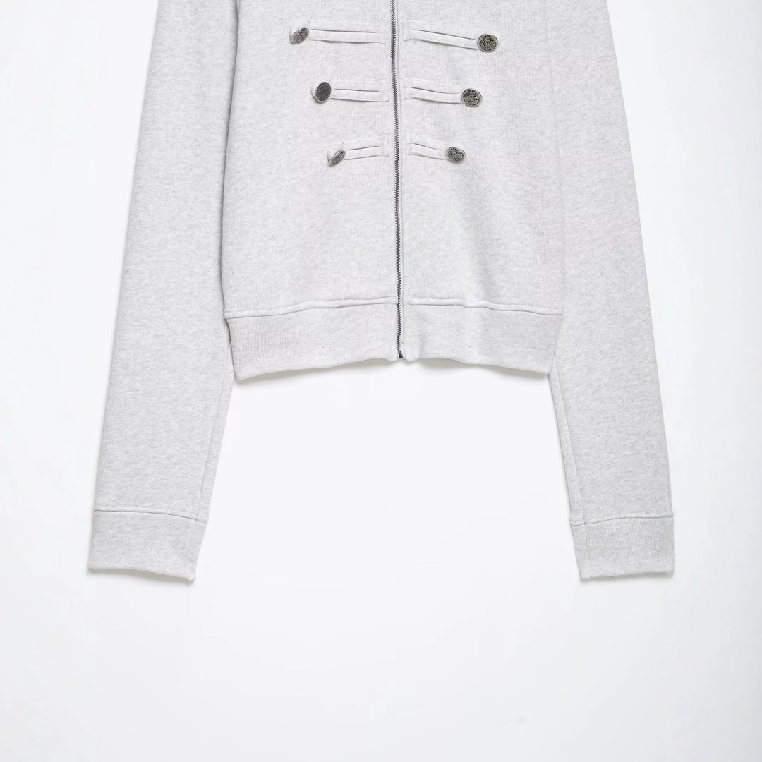 Damen Kurze Sweatjacke im Militärstil mit Stehkragen und dekorativer Knopfleiste Nord Taschen