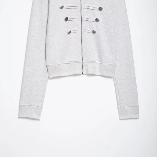 Damen Kurze Sweatjacke im Militärstil mit Stehkragen und dekorativer Knopfleiste Nord Taschen