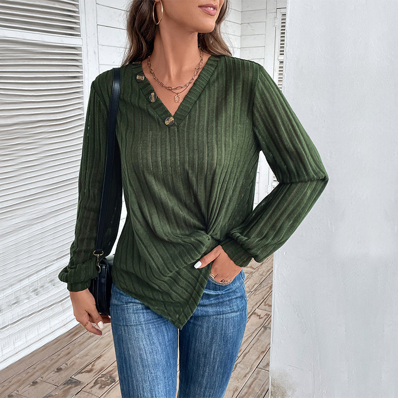 Damen Tailliertes Rippstrick-Longsleeve mit V‑Ausschnitt, Knopfleiste und Twist‑Knoten Nord Taschen