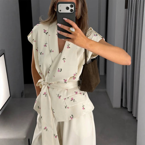 Damen Ärmellose Wickelbluse mit tailliertem Bindegürtel und Pattentaschen Nord Taschen