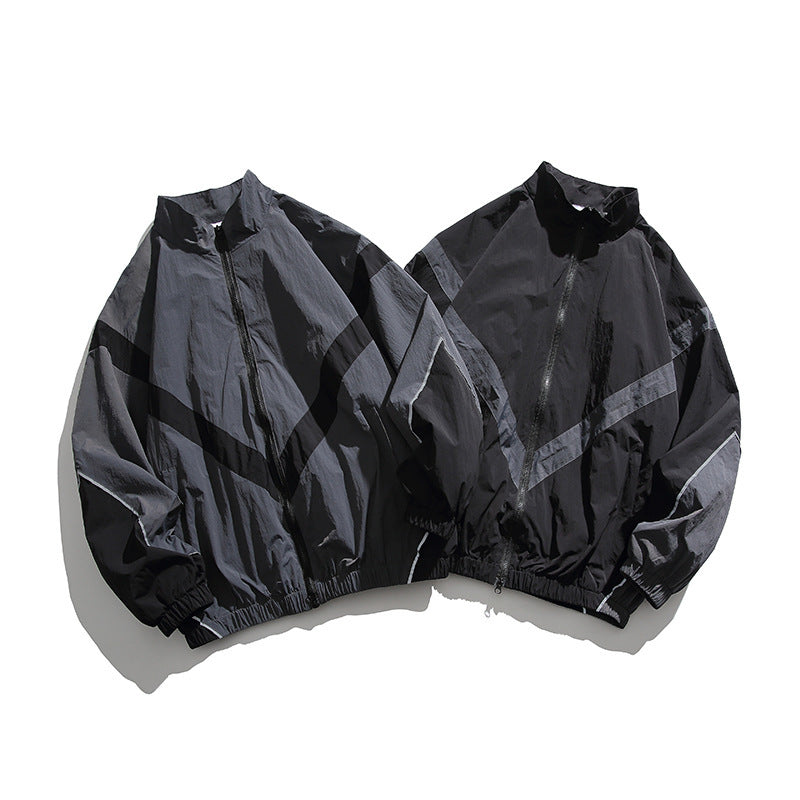 Herren Leichte Oversize Windbreaker-Jacke mit Chevron-Paneelen, Stehkragen und elastischem Saum Nord Taschen