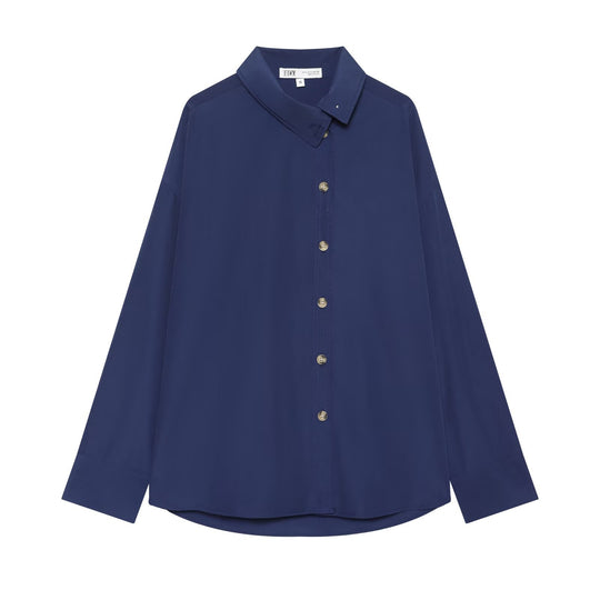 Damen Oversize-Hemdbluse mit durchgehender Knopfleiste und abgerundetem Saum Nord Taschen