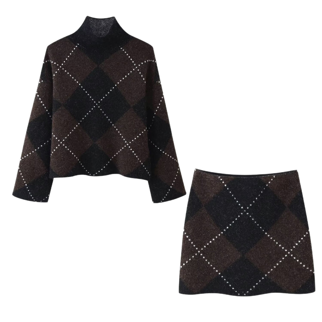 Damen Strick‑Set aus Rollkragen‑Poncho und Minirock mit Argyle‑Muster Nord Taschen